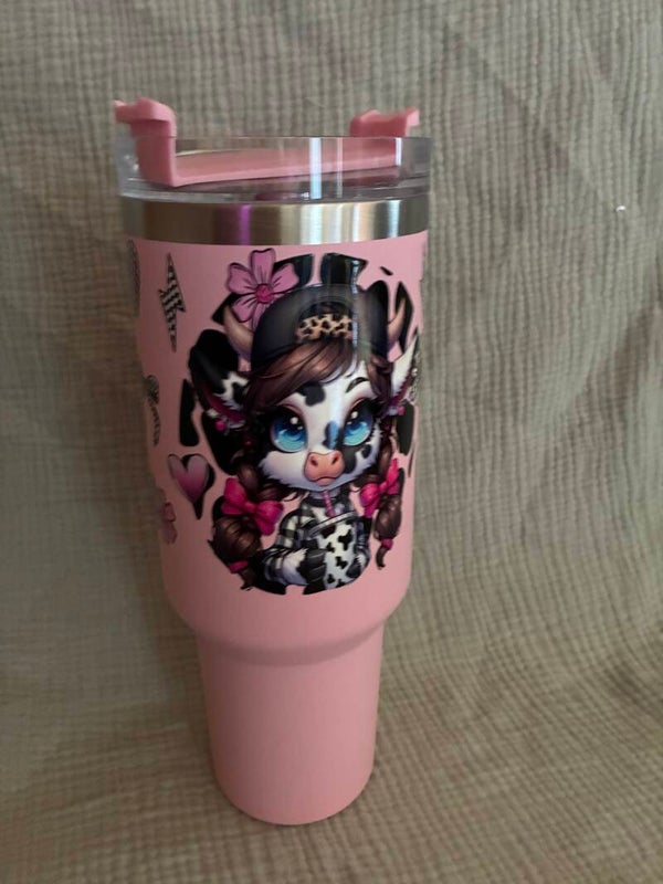 Thermobecher Pink mit Motiv mit Kuh