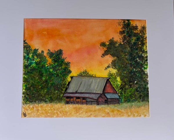 The "Sunset Barn" - 8.5" x 10" Hand Painted Watercolor + US Tax