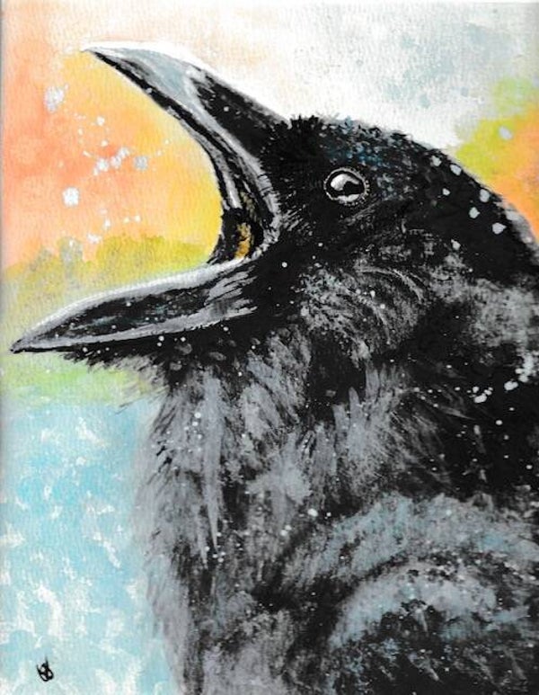 "Raven's Cry"  - 8" x 10"  Hand Painted Watercolor Painting + Tax & US Shipping