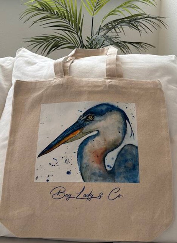 "The Blue Heron" - FULL SIZED  14.5" W x 15" L Gusseted Canvas Tote + Tax & US Shipping