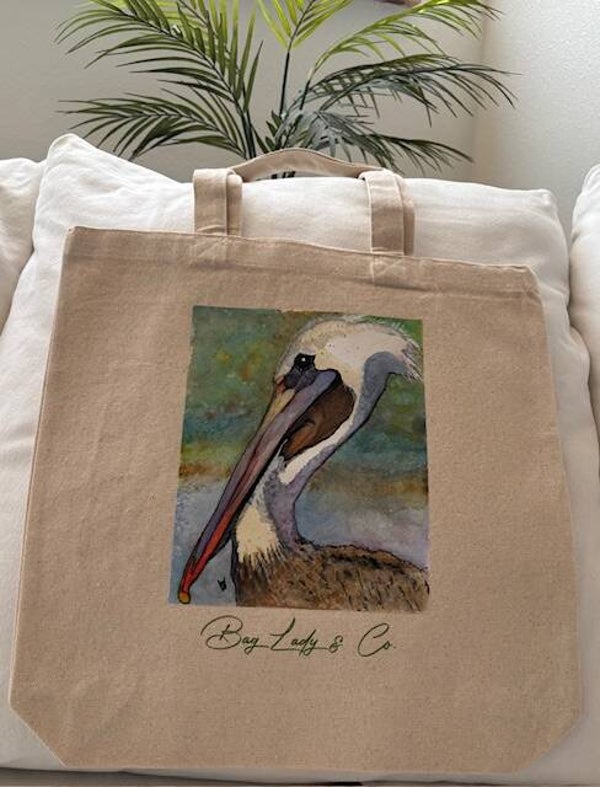 "Peter The Pelican" - FULL SIZED  14.5" W x 15" L Gusseted Canvas Tote + Tax & US Shipping
