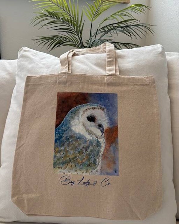 "Hootie Owl" - FULL SIZED  14.5" W x 15" L Gusseted Canvas Tote + Tax & US Shipping