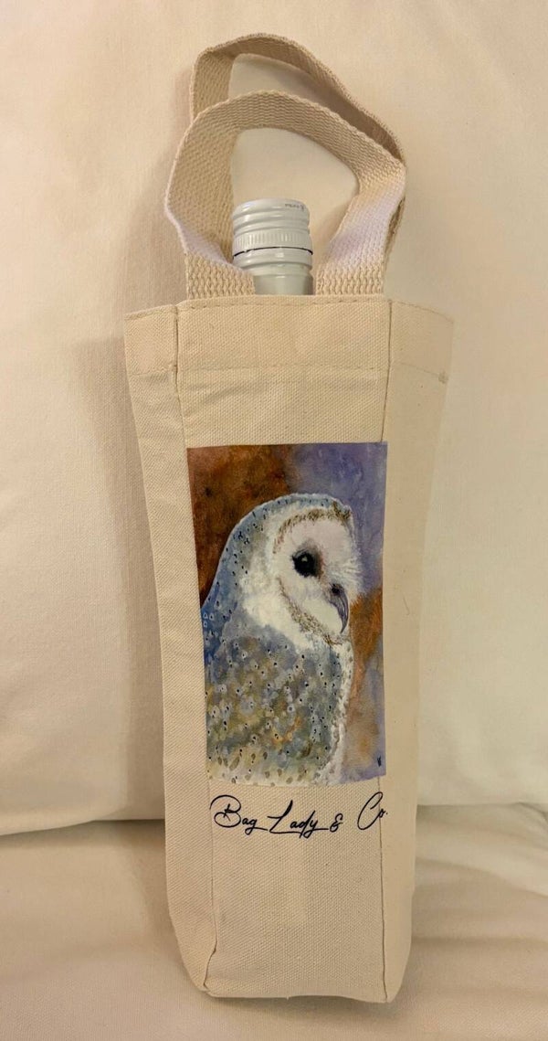 "Hootie Owl" - 5.5" W x 10" L Gusseted Canvas Gift/Wine Tote + Tax & US Shipping