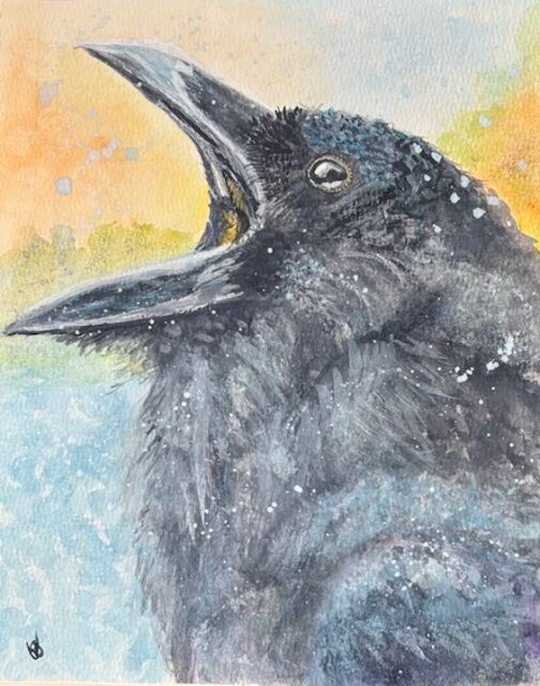 "Raven's Cry"  - 8.5" x 10"  Hand Painted Watercolor Painting + Tax & Shipping