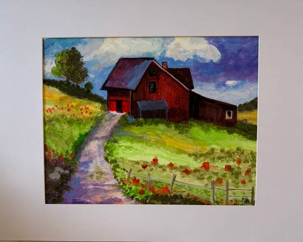 "Red Rose Barn" - 8" x 10" Hand Painted Watercolor - + Tax & US Shipping