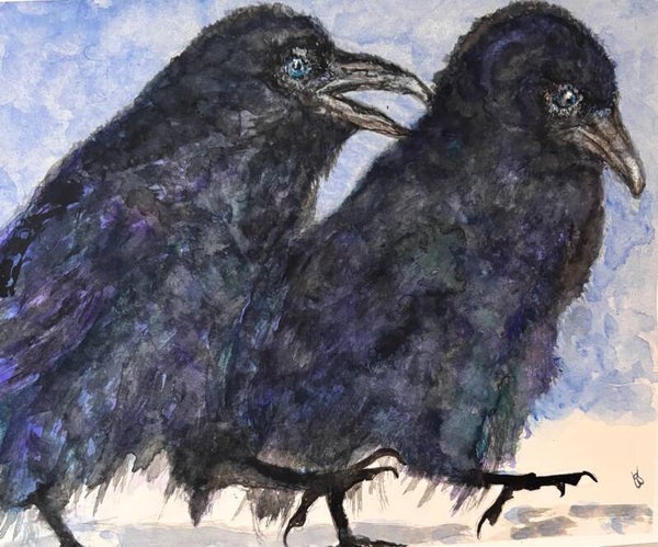 "Heard It Through The Grapevine" Crows - 8.5" x 10"  Hand Painted Original Watercolor + US Tax