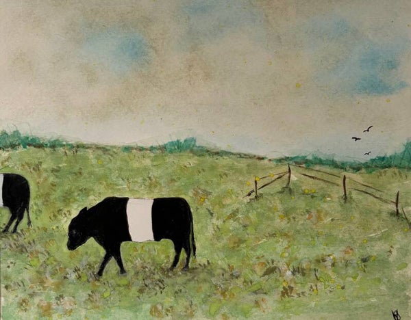 "Follow The Leader" Belted Cows - 8" x 10" Hand Painted Watercolor + US Tax