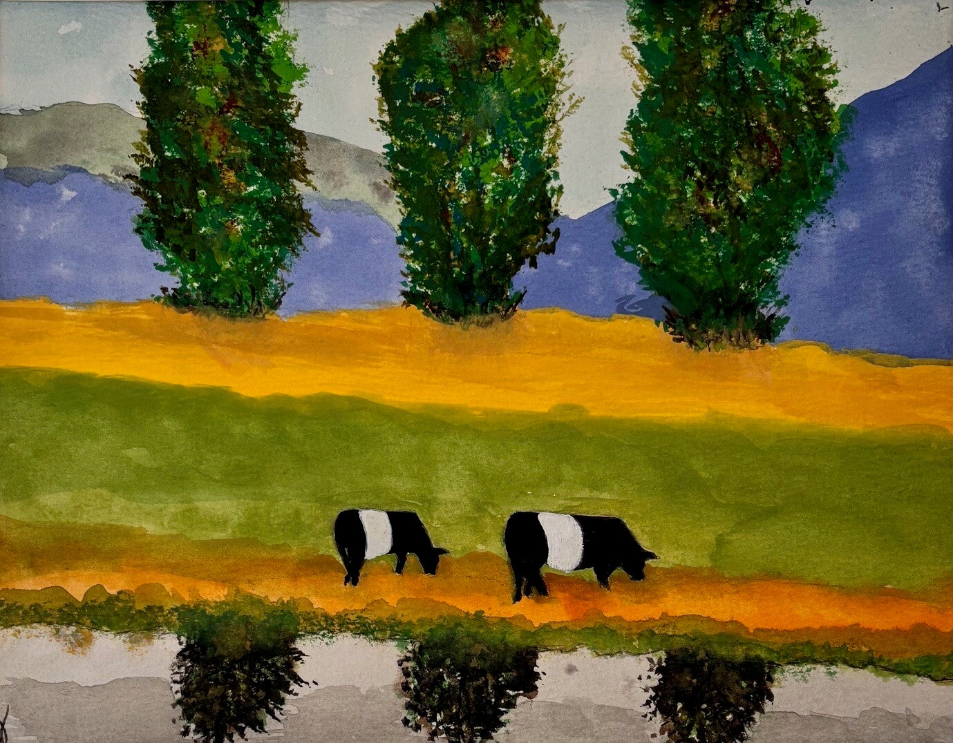 "The Lazy River" Belted Cows - 8" x 10" Hand Painted Watercolor + US Tax
