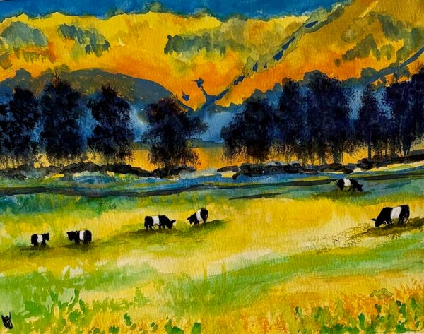 "Belted Cow Herd" - 8.5" x 10" Hand Painted Watercolor + US Tax