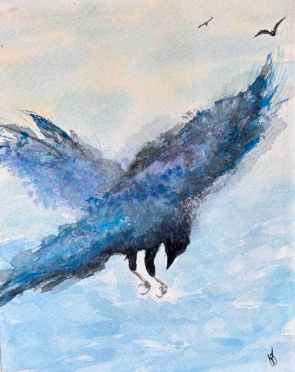 "Let's Go" Abstract Crow - 8.5" x 10" Hand Painted Watercolor + US Tax