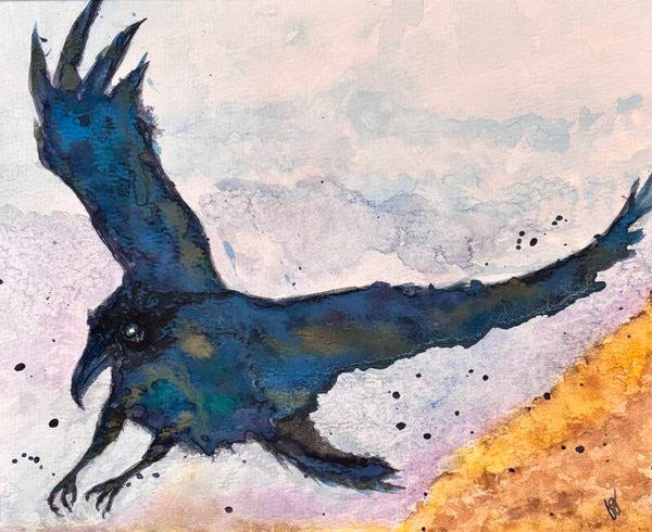 "Soft Landing" Crow - Hand Painted 8.5" x 10" Watercolor + US Tax