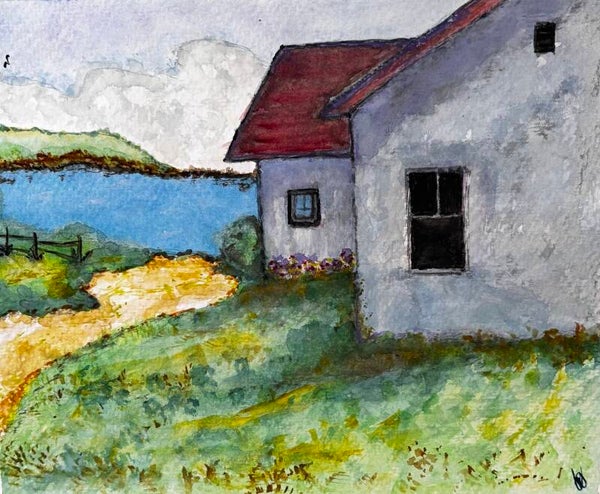 "Lake Red Roof" - 8.5 x 10" Hand Painted Watercolor + US Tax