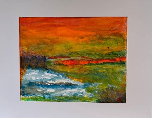 "Sunset Stream" Abstract - 8.5" x 10" Hand Painted Watercolor + US Tax