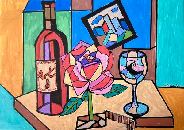 Bodegón con botella, rosa y copa III