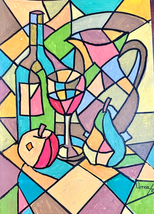 Bodegón con botella de vino, copa y frutas, VIII