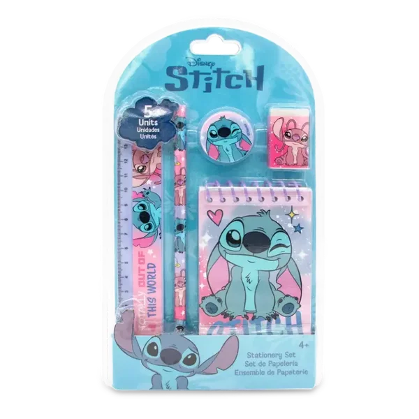 Ensemble de papeterie 5 pièces Stitch comprenant un cahier à spirale, un crayon à papier, une règle et un crayon à papier.