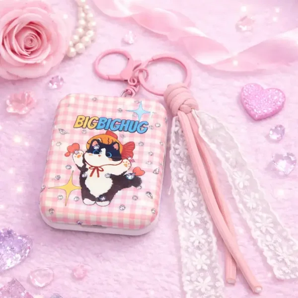 Miroir pliant - Porte clés Chat Vichy Rose