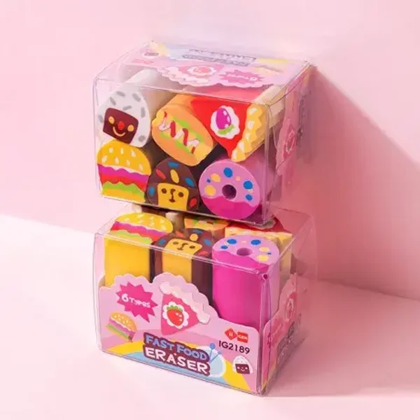 Lot de 6 Gommes Kawaii Fantaisie Multicolores Déclinaisons:Fast-Food