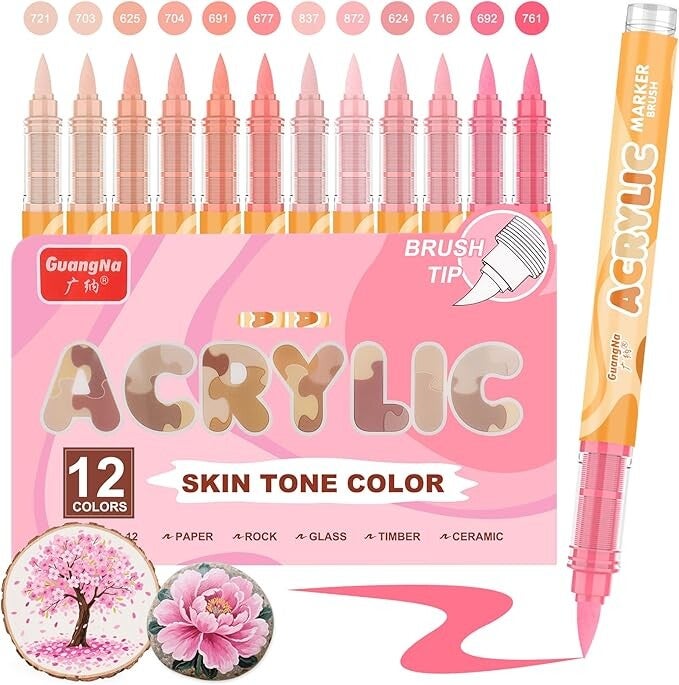 Feutre Acrylique, 12 Couleur de Peau Série Feutres Acrylique Set pour La Peinture Sur Roche, Verre, Tasses, Bois, Métal, Bricolage