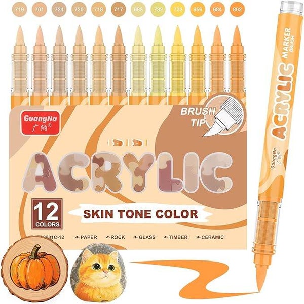 Feutre Acrylique, 12 Couleur de Peau Série Feutres Acrylique Set pour La Peinture Sur Roche, Verre, Tasses, Bois, Métal, Bricolage