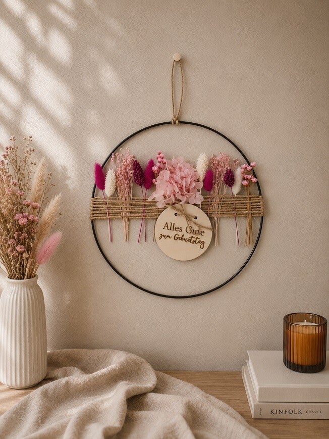 Metallring mit Trockenblumen "Pink"