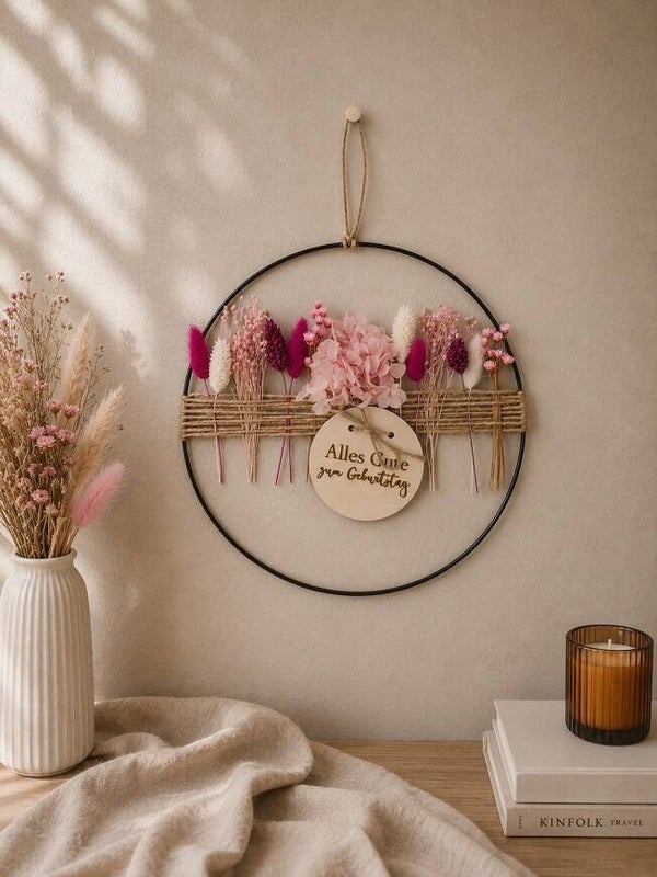 Metallring mit Trockenblumen "Pink"