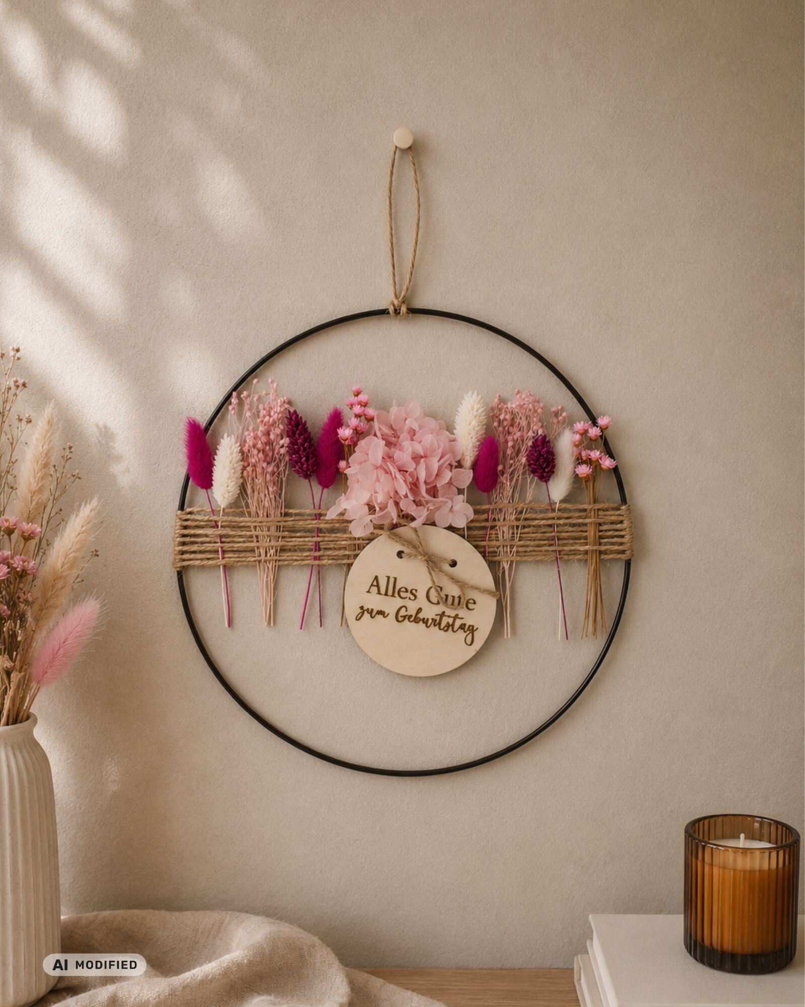 Metallring mit Trockenblumen "Pink"
