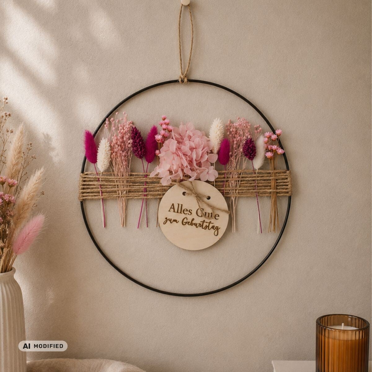 Metallring mit Trockenblumen "Pink"
