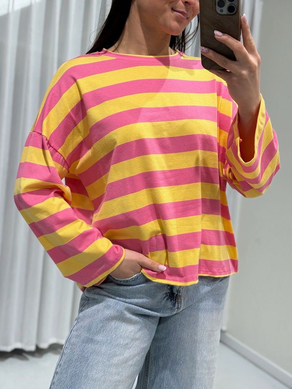 GESTREEPTE LONGSLEEVE - ROZE/GEEL