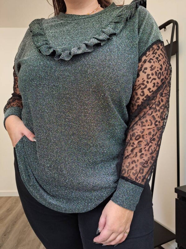 GLITTER SHIRT MET RUCHES EN PANTERMOUWEN - ZILVER