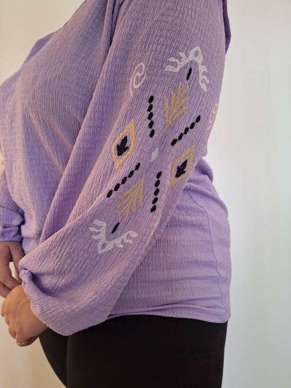 MOUSSELINE TOP MET BORDUURSELS - LILA