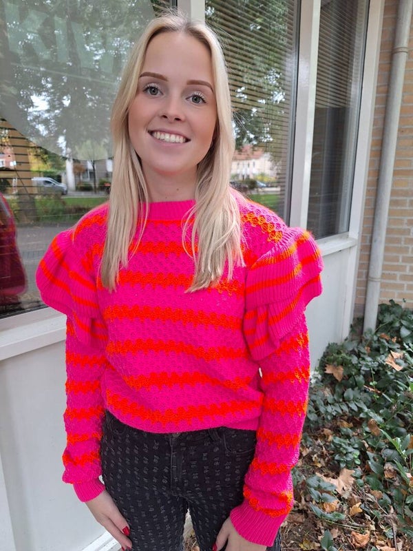 GESTREEPT TRUITJE MET ROEZELS - ROZE/ORANJE