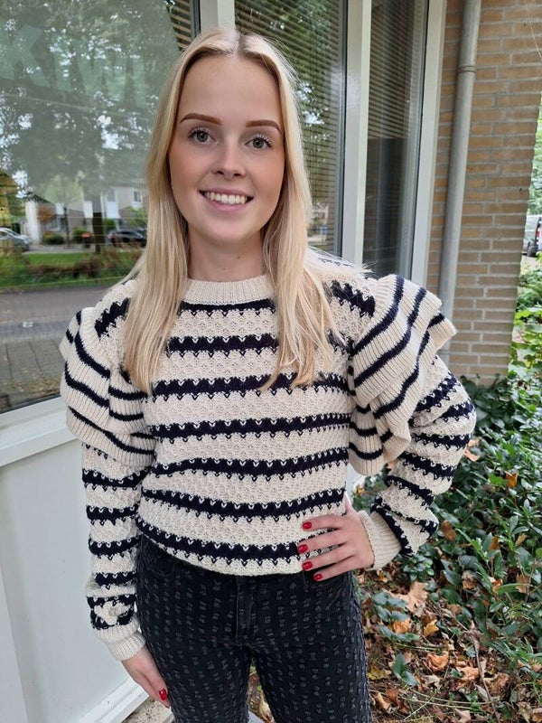GESTREEPT TRUITJE MET ROEZELS - ECRU/MARINE