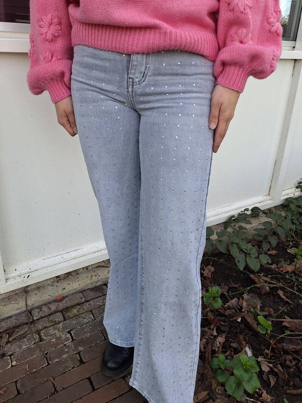 WIDE LEG JEANS MET DIAMANTJES - LICHTGRIJS