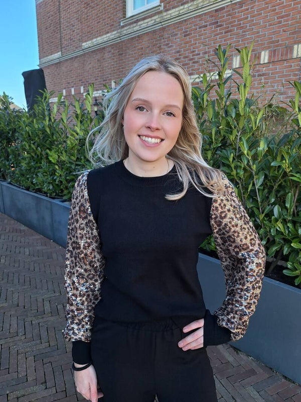 TRUITJE MET PAILLETTEN MOUWEN - ZWART/PANTER
