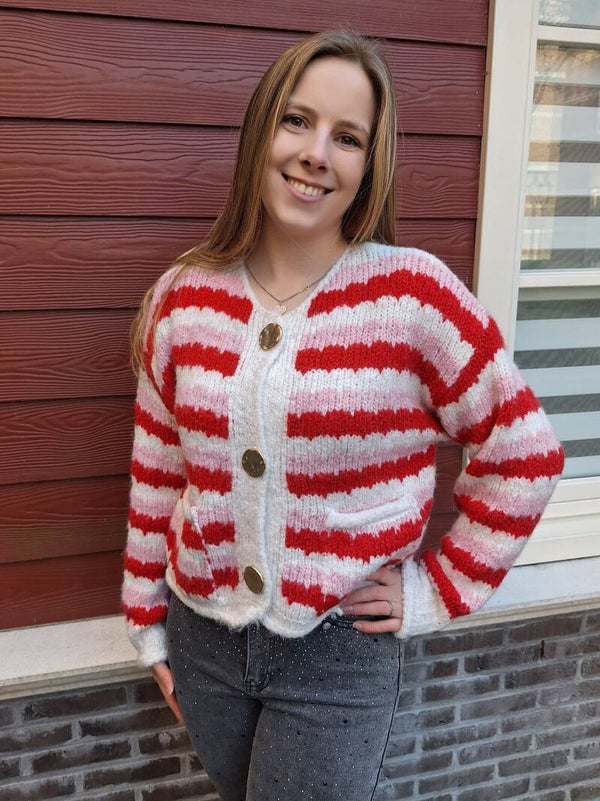 GESTREEPT VESTJE MET GOUDEN KNOPEN - ROZE/ROOD