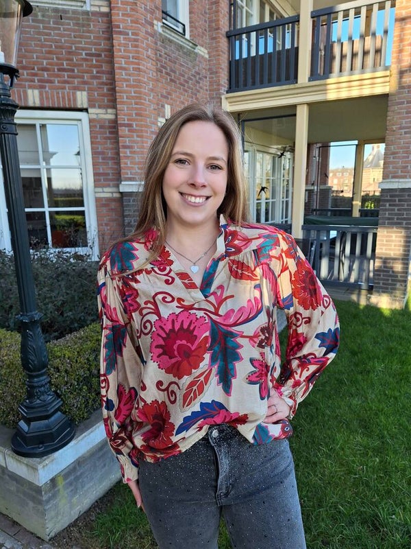 BLOUSE MET BLOEMEN - BEIGE/ROZE