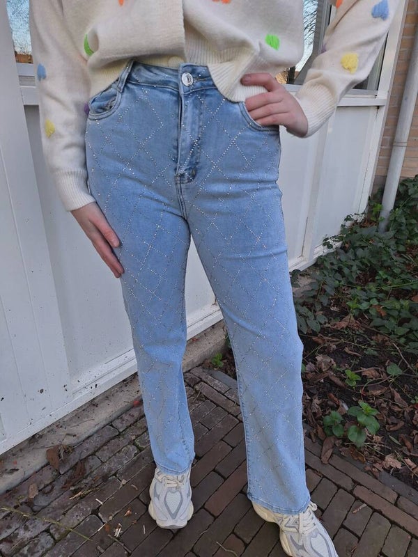 WIDE LEG JEANS RUIT MET STRASS - BLAUW
