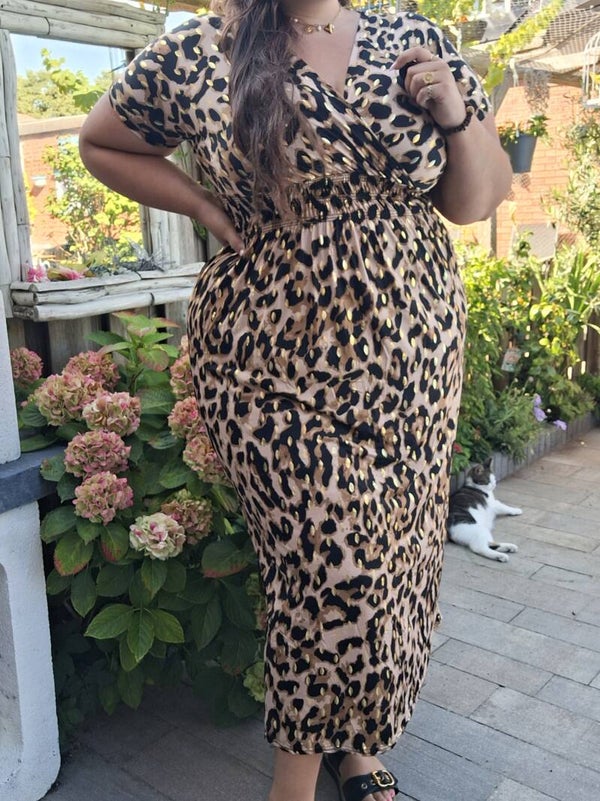 MAGIC DRESS PANTER MET KORTE MOUW - BRUIN