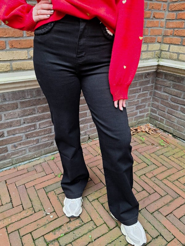 STRAIGHT LEG JEANS MET VLECHTDETAIL - ZWART