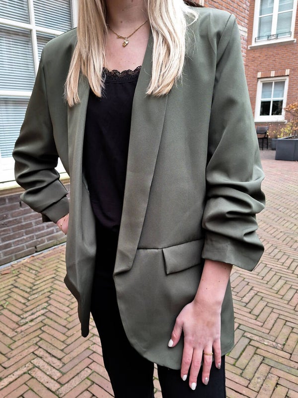 BLAZER MET GESMOKTE MOUWEN - OLIJFGROEN