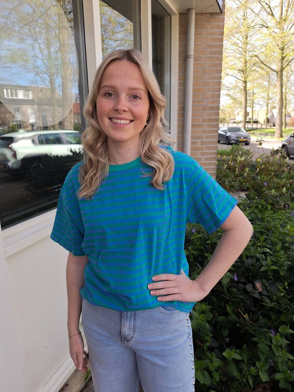 T-SHIRT MET STREEPJES - BLAUW/PETROL