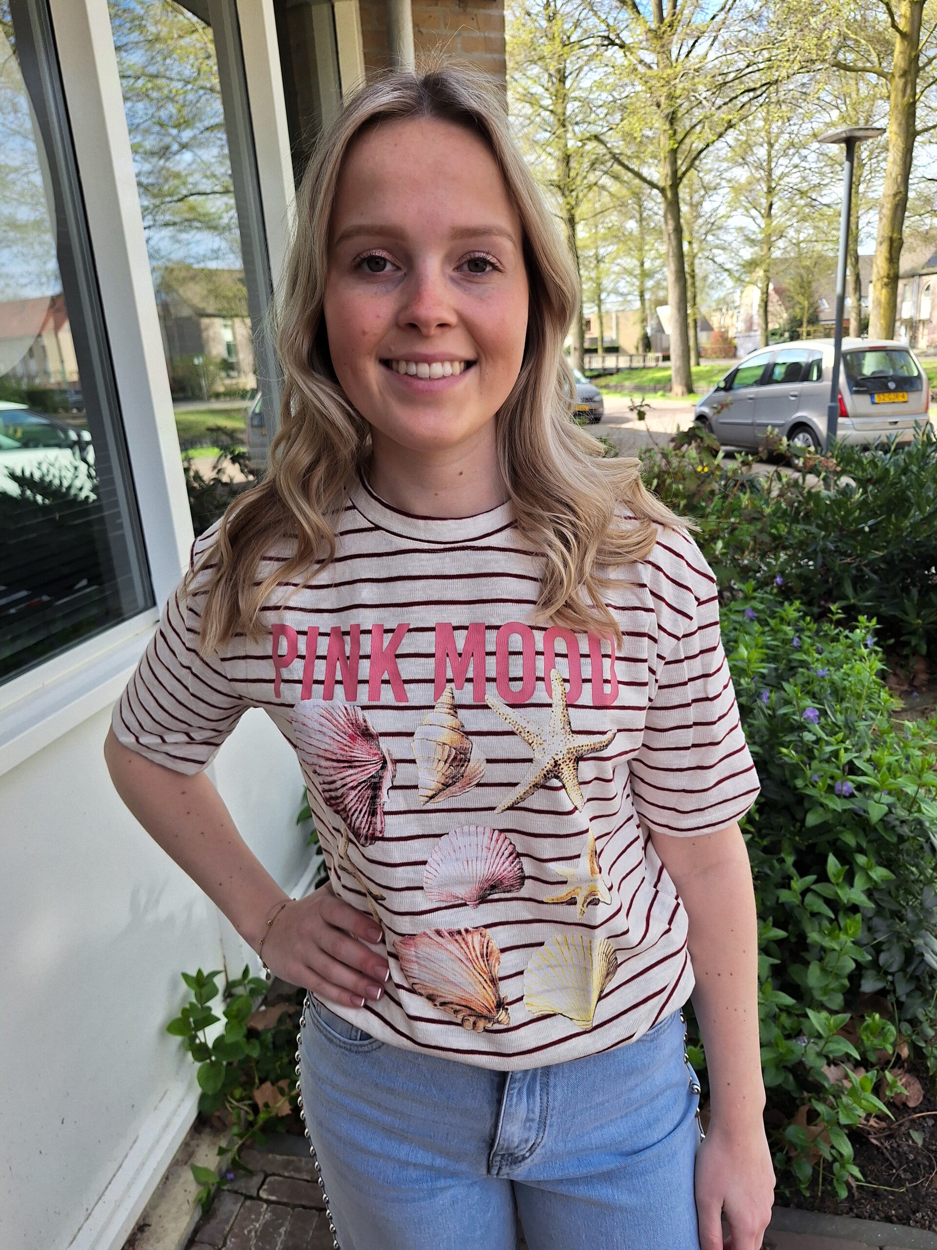 T-SHIRT PINK MOOD - WIT/BORDEAUX