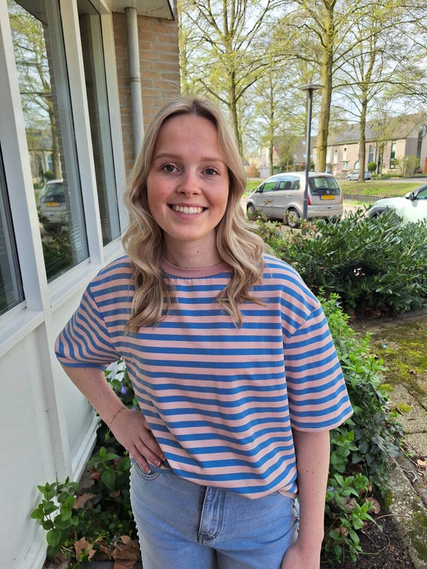 GESTREEPT T-SHIRT - LICHTROZE/BLAUW