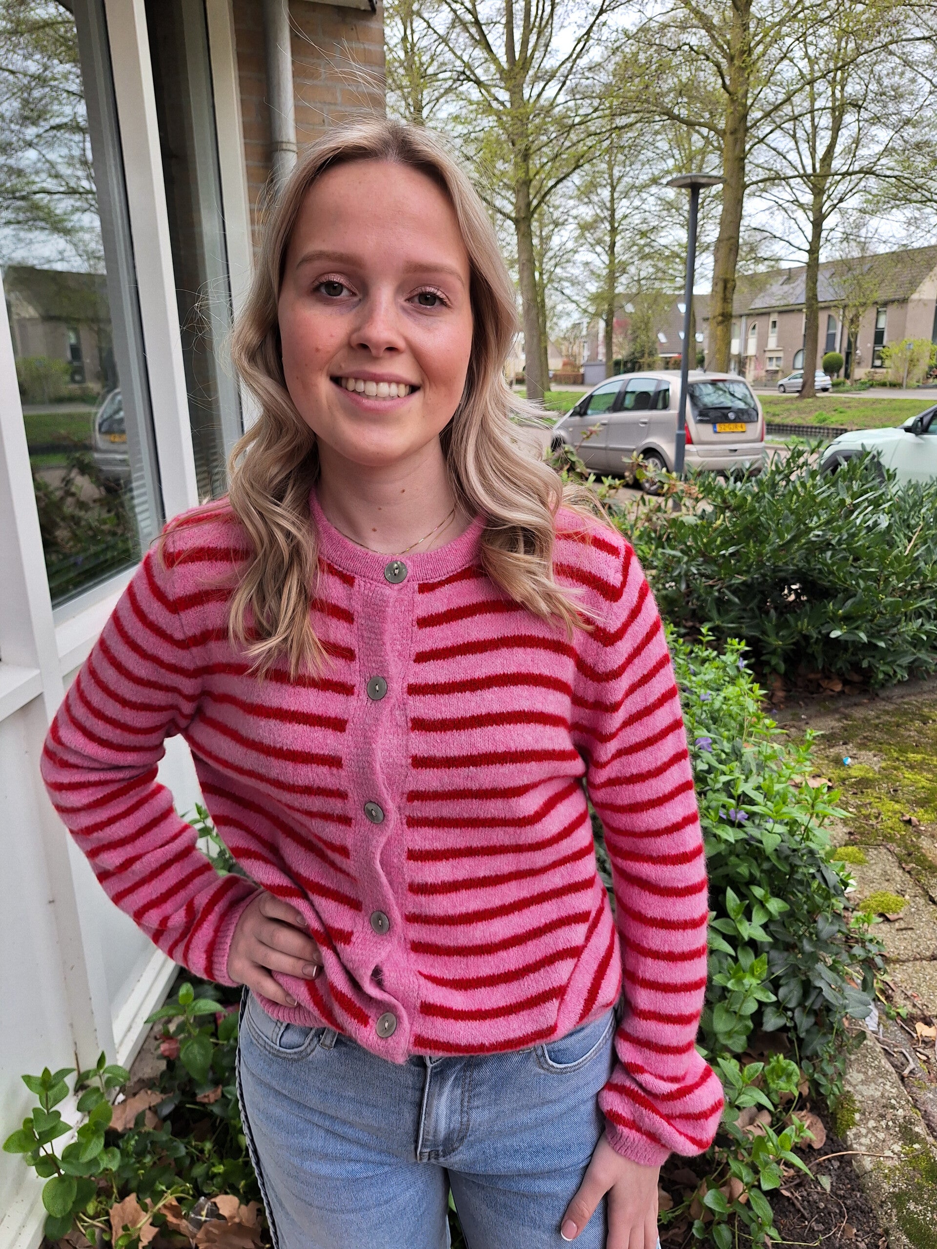 GESTREEPT VESTJE - ROZE/ROOD