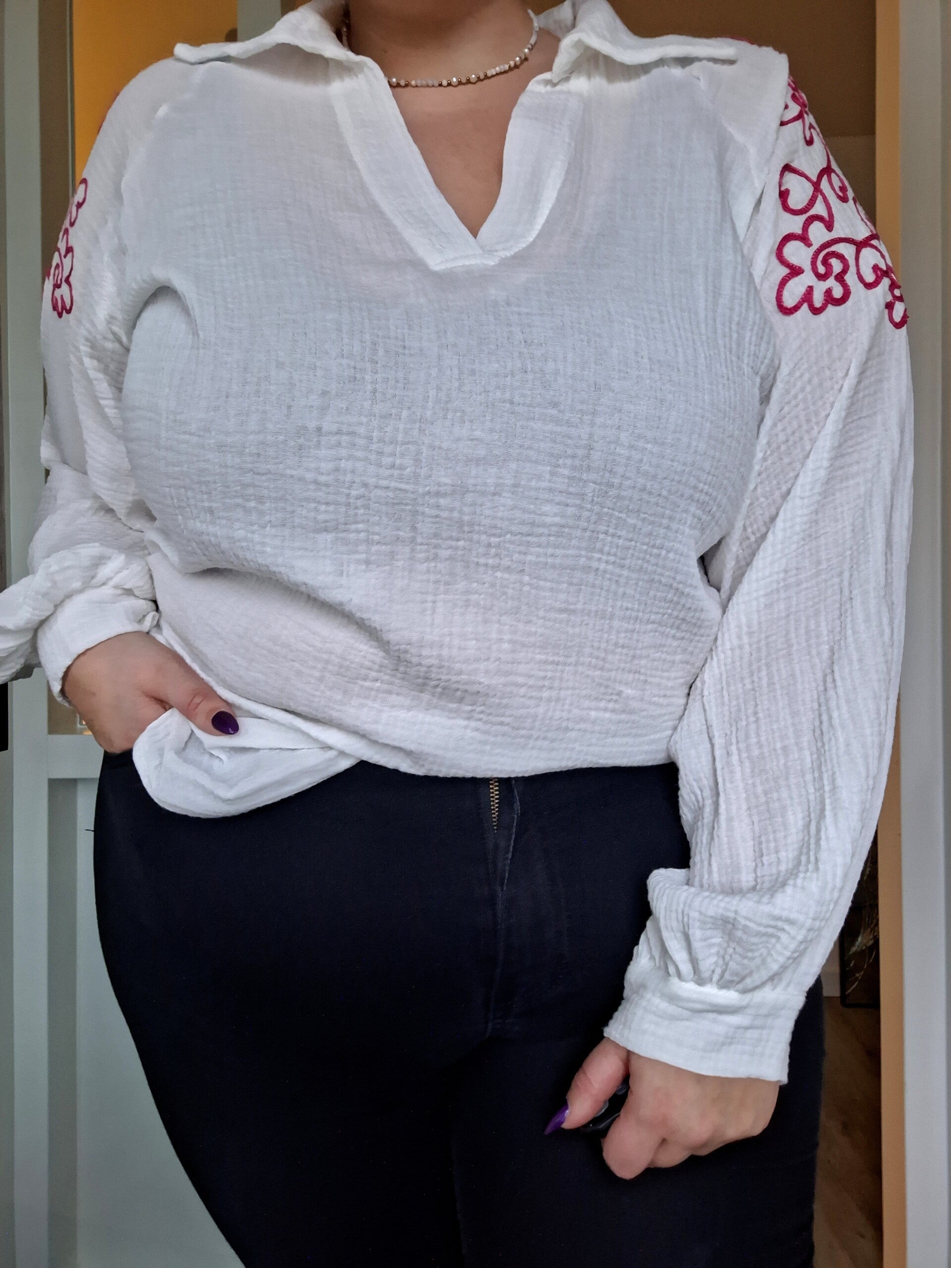 MOUSSELINE BLOUSE SWIRL - WIT/ROZE