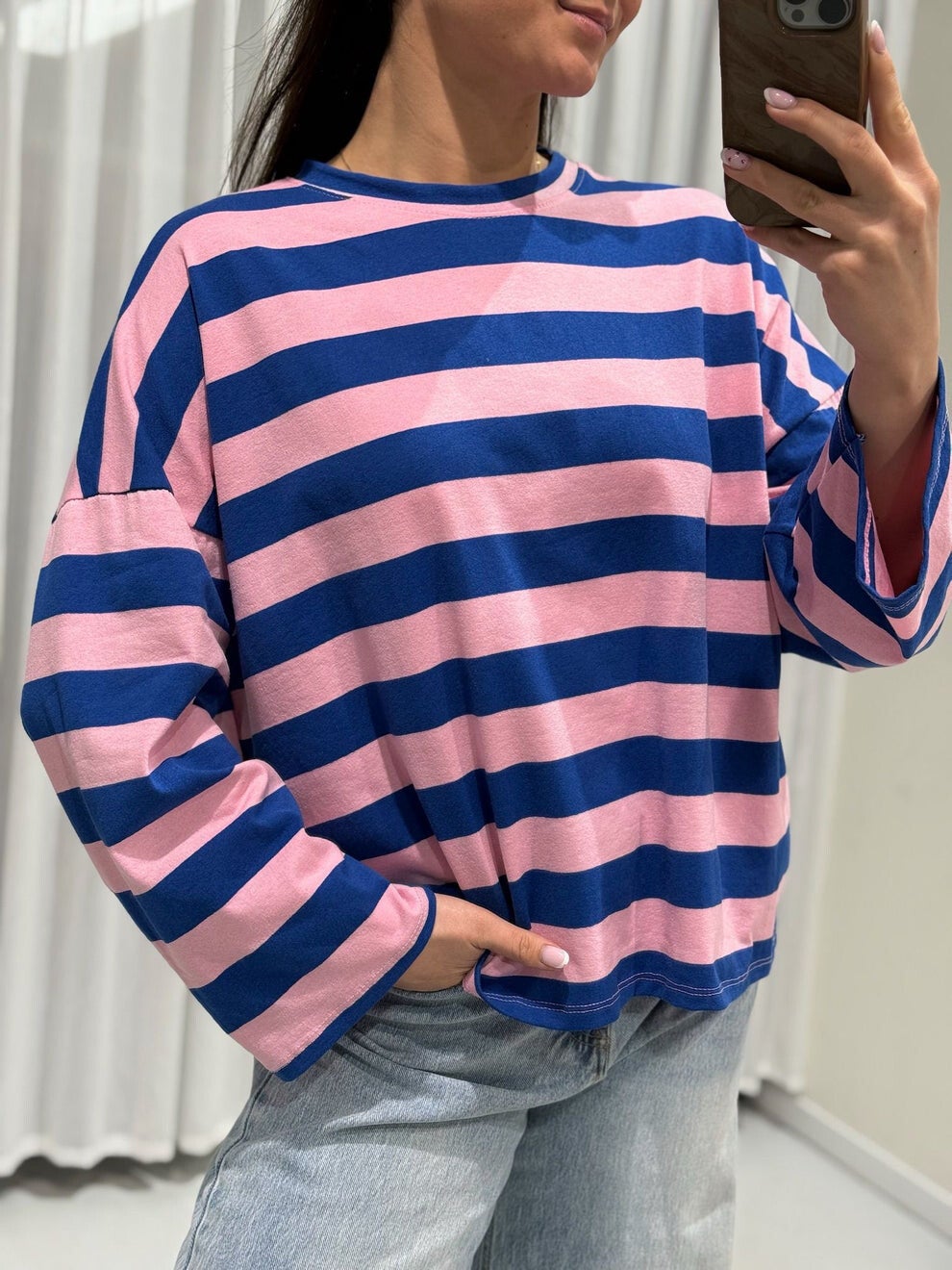 GESTREEPTE LONGSLEEVE - ROZE/DONKERBLAUW