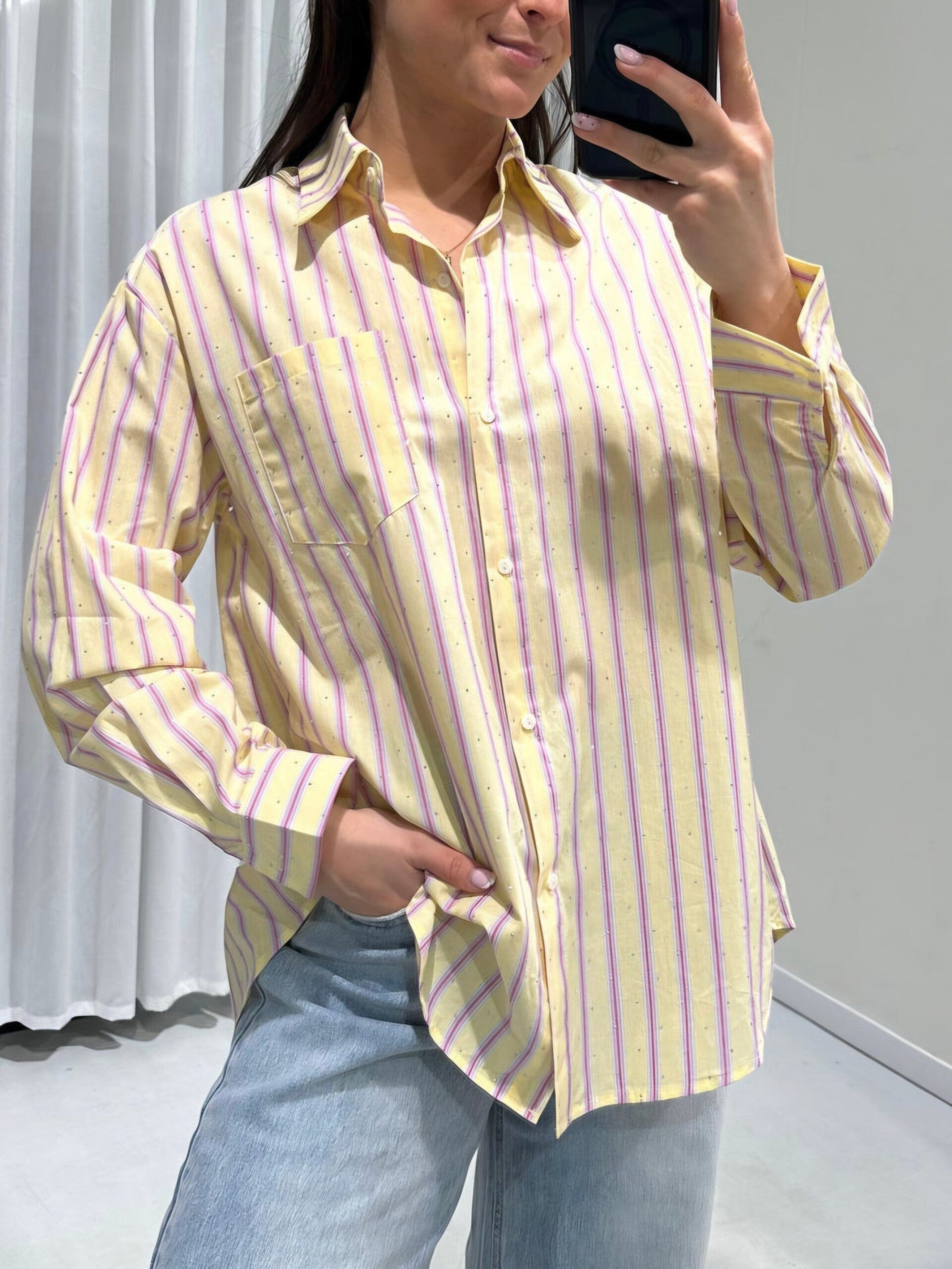 GESTREEPTE BLOUSE MET STRASS - GEEL/ROZE