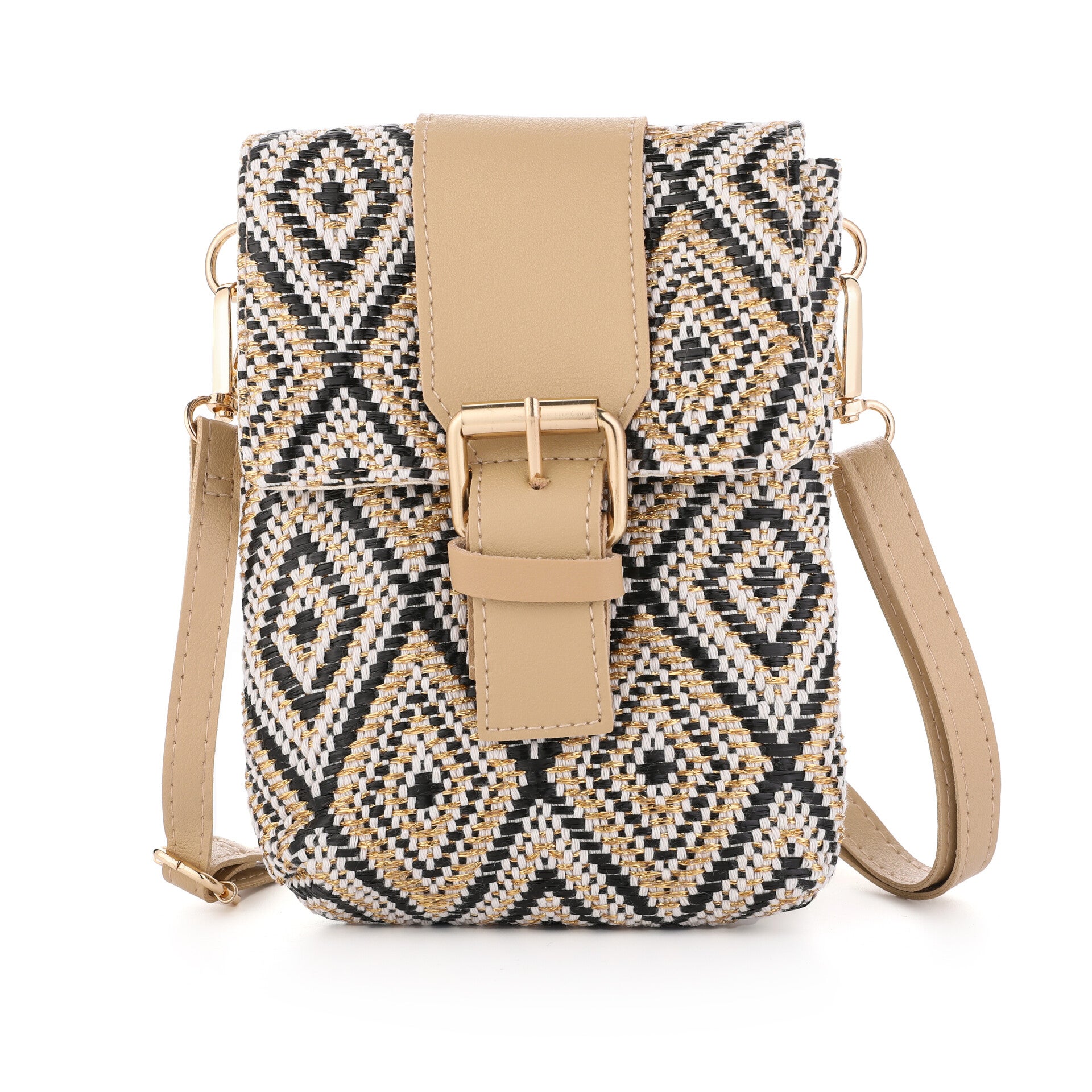 TELEFOONTASJE MET PRINT - BEIGE/ZWART