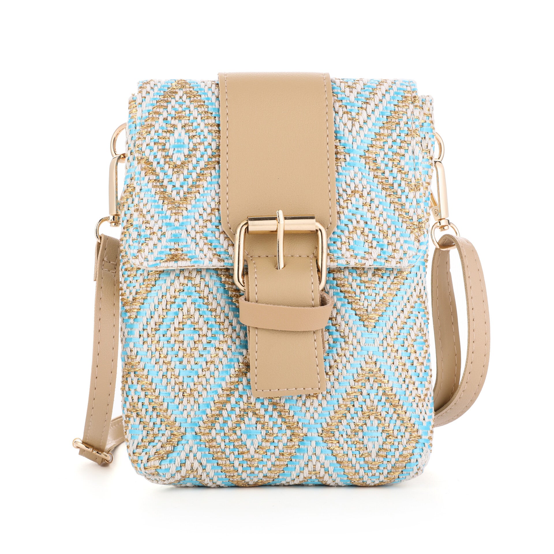 TELEFOONTASJE MET PRINT - BEIGE/BLAUW